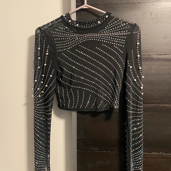 Black mesh long sleeve shirt with pearls and crystals - Picture 2 of 3